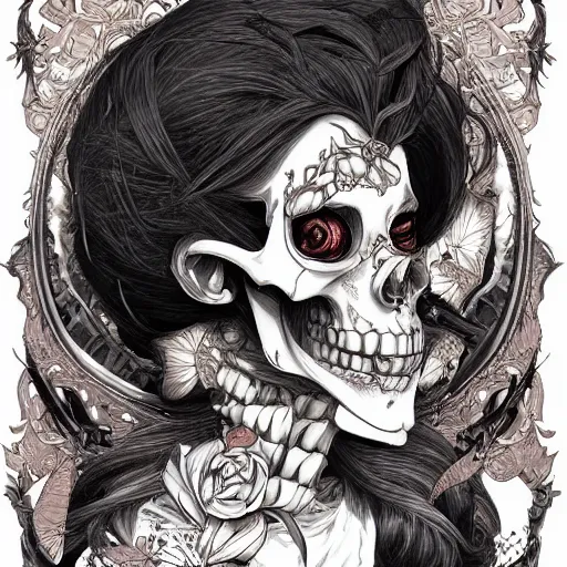 Prompt: anime manga skull portrait young woman, alice in wonderland, Disney, skeleton, intricate, elegant, highly detailed, digital art, ffffound, art by JC Leyendecker and sachin teng
