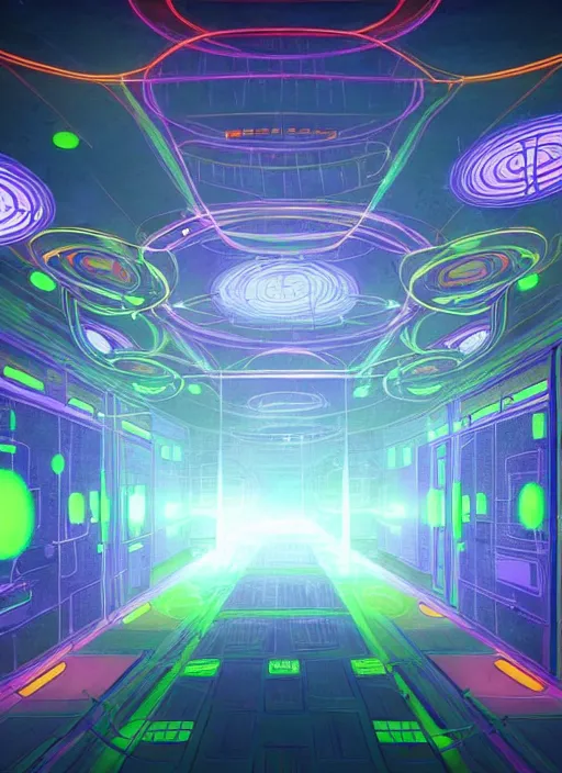 Image similar to high depth, collective civilization hospital!, fun, healing, energetic, life, hybrids, scifi, flashing glowing lights, published concept art, art in the style of all and none and everything and infinity, nightime long exposure