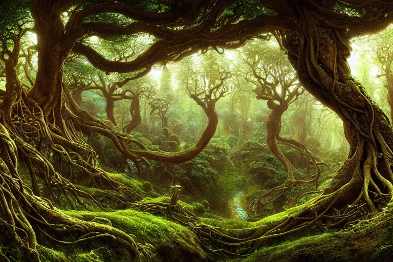 Image similar to a beautiful and highly detailed digital painting of an elven tree with celtic roots in a lush forest in the mystical mountains of nargothrond, psychedelic patterns, intricate details, epic scale, 8 k, sharp focus, photorealism, artstation, cgsociety, by caspar friedrich, albert bierstadt, james gurney, brian froud,