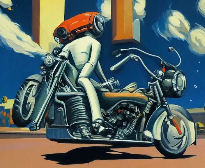 Image similar to a very detailed painting of a astronaut wearing a suit, riding a motorbike down a street, harley davidson motorbike, worm's - eye view, very fine brush strokes, very aesthetic, very futuristic, in the style of edward hopper and grant wood and syd mead, 4 k,