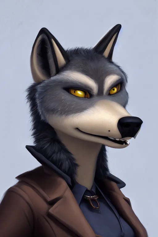 Prompt: oil painting of anthromorphic female wolf, in style of cory loftis, female fursona, furry, furaffinity, 4 k, deviantart, furry art, fursona art, wearing black business suit, business suit, in style of cory loftis, wolf fursona, cyberpunk, female, very expressive detailed feminine face,