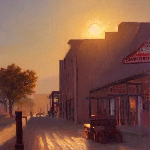 Image similar to oil painting of american landscape, western town, dusty street, sunrays, dramatic, very very very beautiful nature art, romanticism