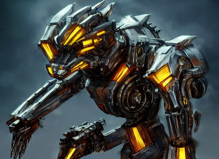 Image similar to hyper realistic, epic, highly detailed cinematic shot of a gigantic feral robot mecha canine, sharp dragon claws, detailed glowing head, metal ears, cannon mounted on back, sleek armor, glowing visor, detailed sharp claws, digital art, furry art, macro art, dragon art, furaffinity, deviantart, sofurry