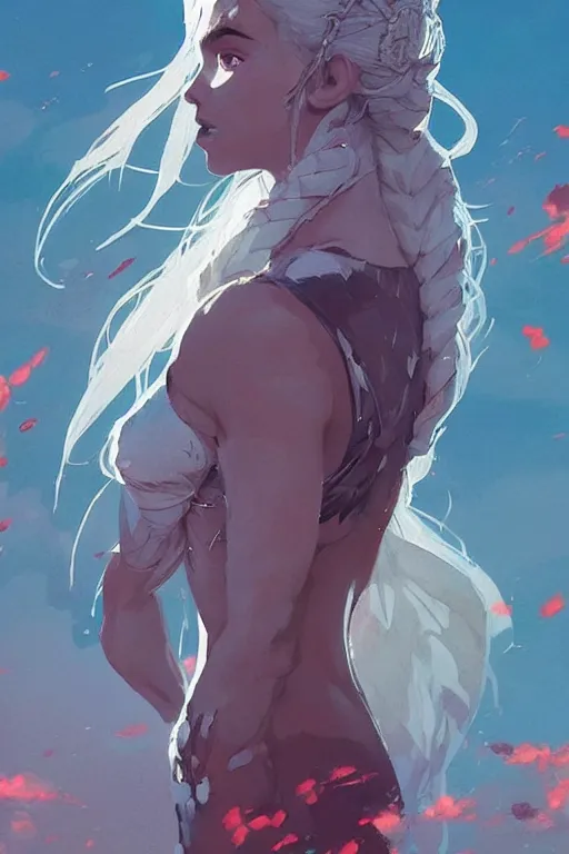 Prompt: an ultra detailed beautiful painting of cute daenerys, dramatic setting, by conrad roset, greg rutkowski and makoto shinkai, trending on artstation, 8 k