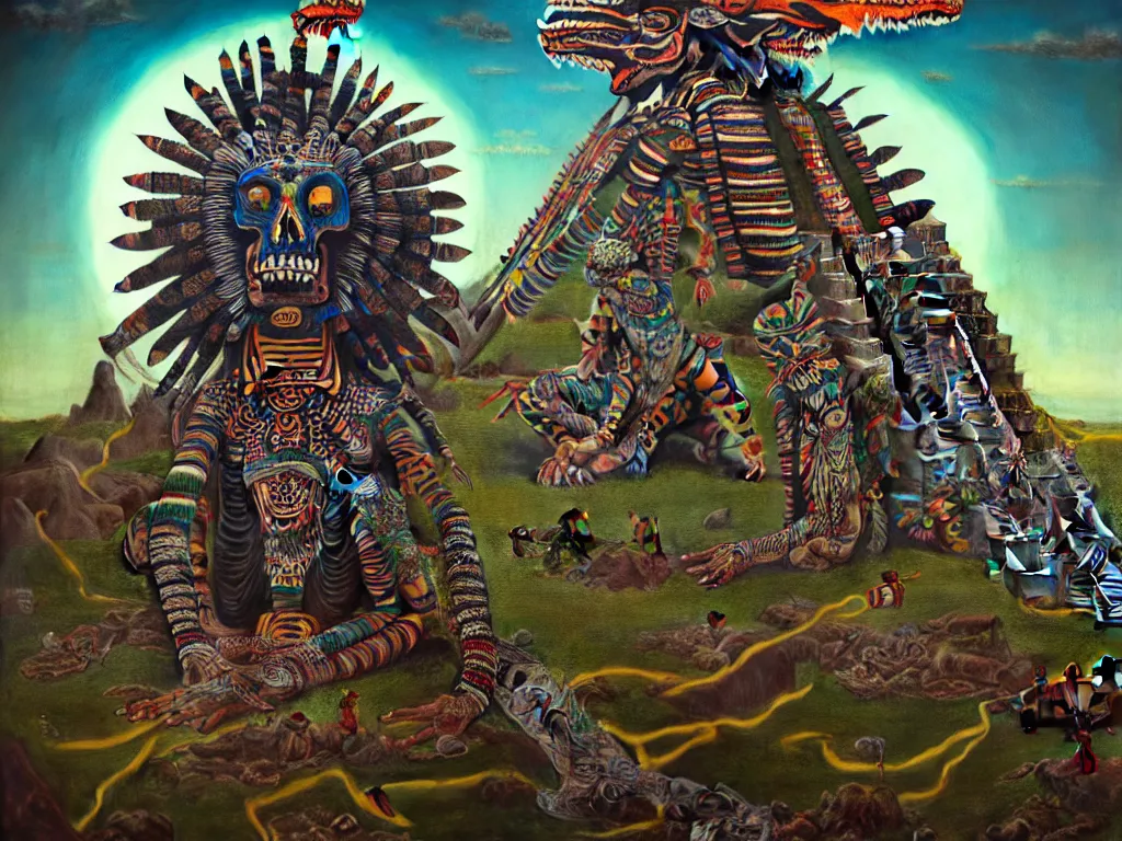 Image similar to highly detailed photo of huitzilopochtli, cipactli, tezcatlipoca, itzlacoliuhqui - ixquimilli, trending on deviantart, neo surrealism, sharp focus, a lot of little details, octane, masterpiece, art by max ernst