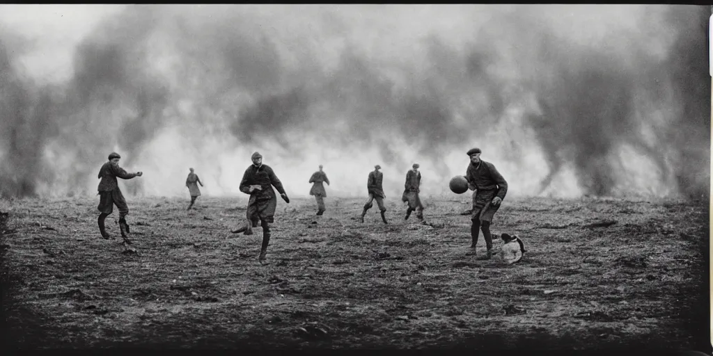 Prompt: detailed medium format photo, polaroid still from tarkovsky movie, erling haaland playing soccer on a ww 1 battlefield, explosions in the background haze, high production value, intricate details, 8 k resolution, hyperrealistic, hdr, photorealistic, high definition, tehnicolor, award - winning photography, masterpiece, amazing colors