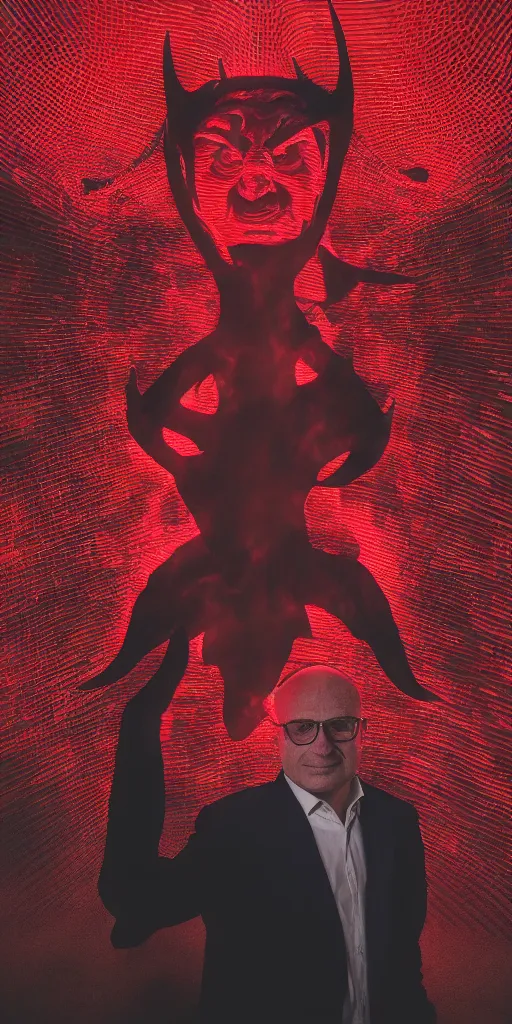 Image similar to avram glazer as the devil reincarnate, owner of manchester united football club, portrait, pure evil, devils horns, avram glazer, satan, hell, 8 k, 8 5 mm lens, hyperrealism, symmetry, cinematic lighting