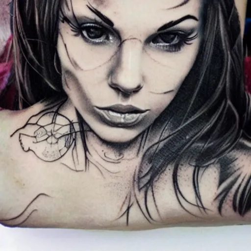 Prompt: realistic tattoo sketch of peta jensen face double exposure effect with a mountain scenery, in the style of matteo pasqualin, amazing detail, sharp