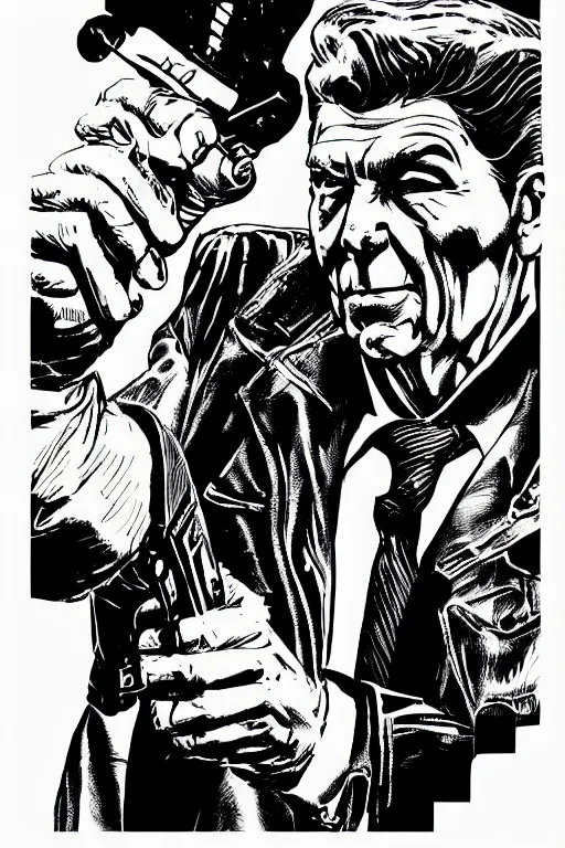 Image similar to ronald reagan holding a pistol, a page from cyberpunk 2 0 2 0, style of paolo parente, style of mike jackson, adam smasher, johnny silverhand, 1 9 9 0 s comic book style, white background, ink drawing, black and white, colouring pages