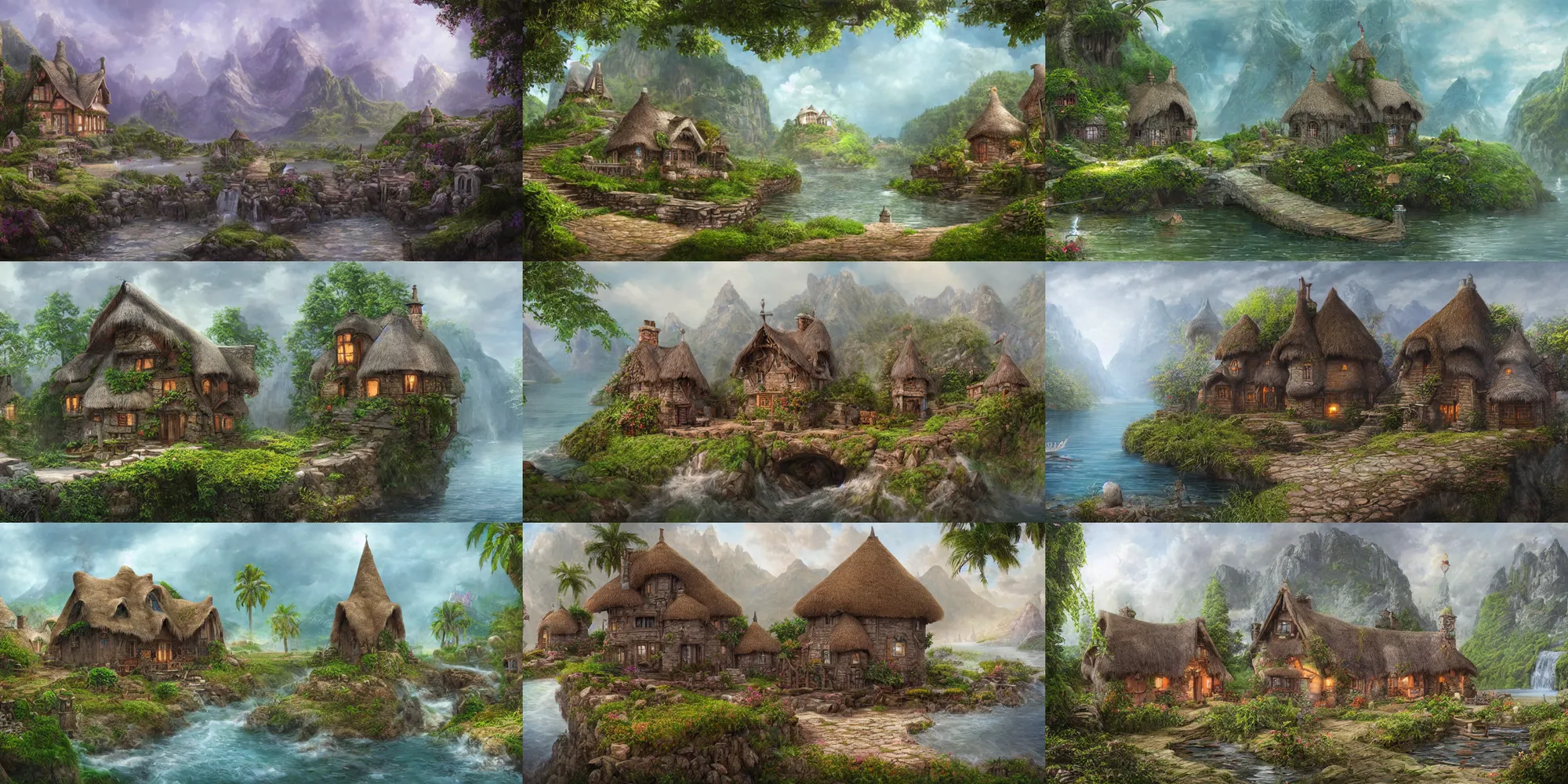 Prompt: highly realistic and detailed concept painting of detailed matte painting of a fantasy cottage on a magical fantasy island