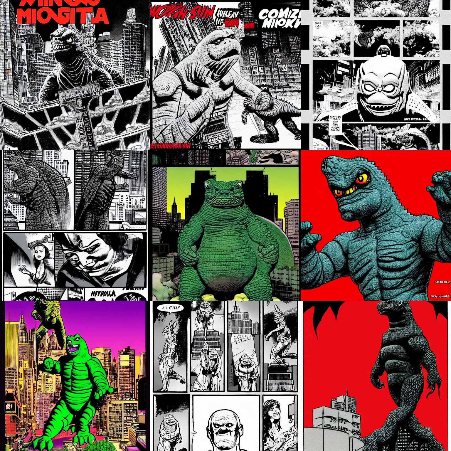 Prompt: Minilla son of Godzilla in Sin City, comic, dark, detailed