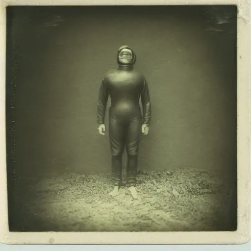 Image similar to old school diving suit, underwater picture, murky, dark, scary, 1910 polaroid