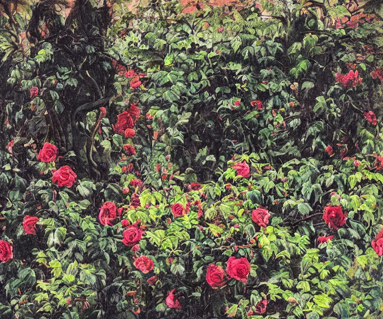 Image similar to colorful painting of black vines with black roses, wrapped around old statues in a garden