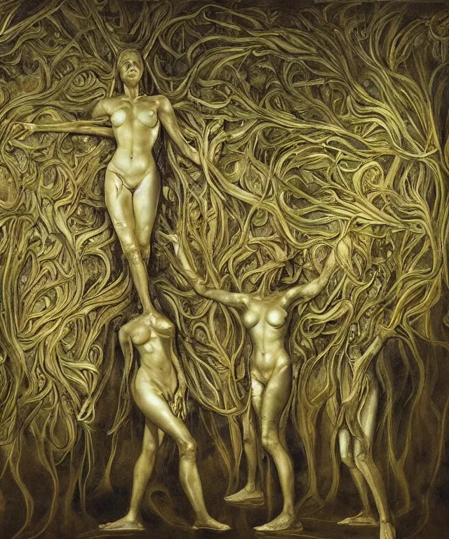 Prompt: Beautiful full-body wax sculpture of a glowing transparent infinite plant with women faces as leaves with visible gold bones covered with melted white wax inside the singularity where stars becoming baroque folds of dark matter of Samsara by Michelangelo da Caravaggio, Nicola Samori, William Blake, Alex Grey and Beksinski, dramatic volumetric lighting, highly detailed oil painting, the golden ratio intial composition, 8k, masterpiece