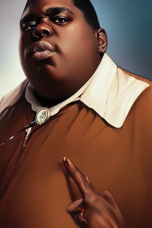 Image similar to ultra realistic illustration of biggie smalls, elegant, highly detailed, digital painting, concept art, smooth, sharp focus, illustration, art by artgerm and greg rutkowski and alphonse mucha