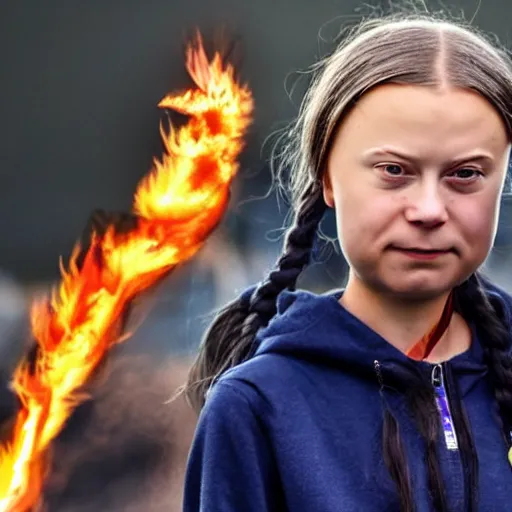 Prompt: Greta Thunberg becoming super Saiyan 4 over a flaming garbage and tire mountain 8k