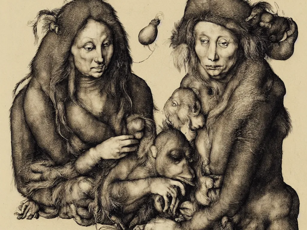 Image similar to portrait of a woman with monkey. copper engraving by albrecht durer, walton ford