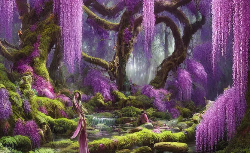 Image similar to a dense forest of willow trees and colorful purple and pink wisteria flowers, thick mossy ground, small waterfall, fantasy digital painting, stunning intricate details, artwork by ross tran and greg rutkowski