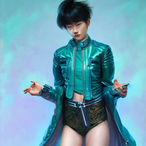 Image similar to Full body of Korean female wearing futuristic short teal leather jacket and 1980s shorts, expressive pose, intricate, elegant, highly detailed, digital painting, artstation, concept art, smooth, sharp focus, illustration, art by artgerm and greg rutkowski and alphonse mucha