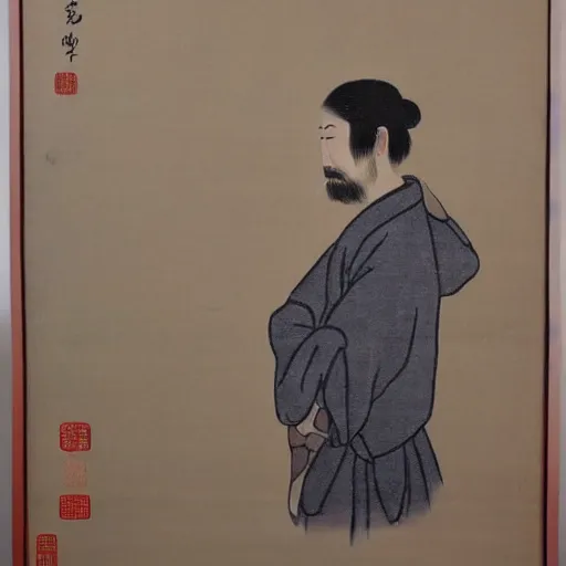 Prompt: chinese painting of a man staring into the horizon, traditional artwork on art paper