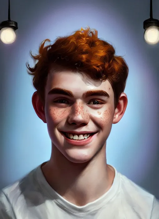 Image similar to portrait of teenage archie andrews, freckles, curly middle part haircut, curly hair, smiling kindly, intricate, elegant, glowing lights, highly detailed, digital painting, artstation, concept art, smooth, sharp focus, illustration, art by wlop, mars ravelo and greg rutkowski