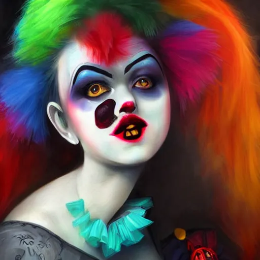 Image similar to goth clown girl, painting, highly detailed, artstation, colorful, beautiful