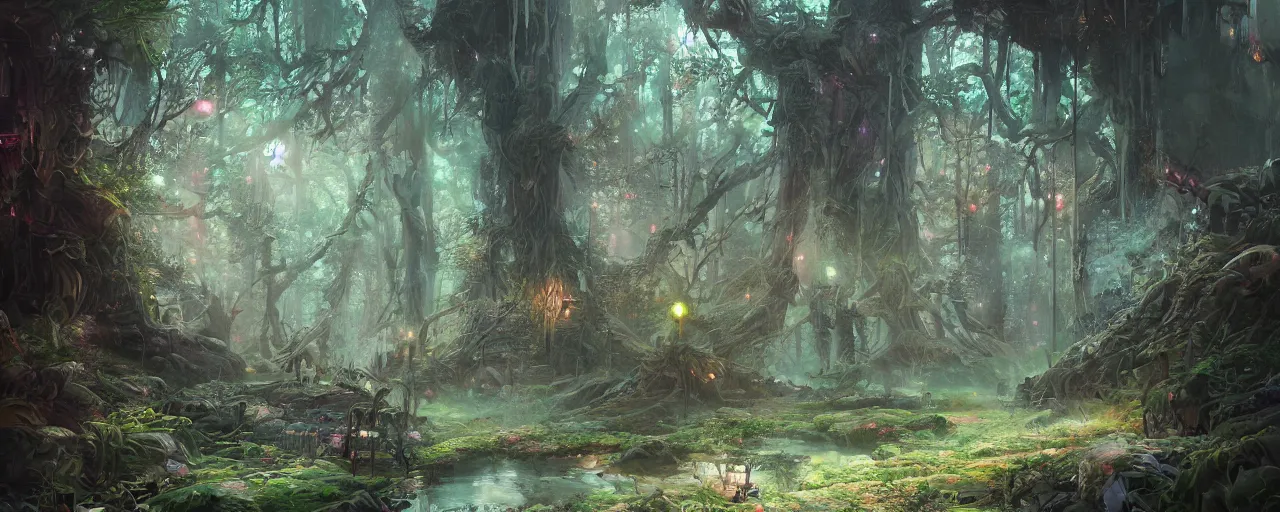 Image similar to detailed concept art illustration colorful pastel painting of a sci-fi fantasy forest in full intricate detail, ultra detailed, digital art, octane render, 4K, dystopian, micro details