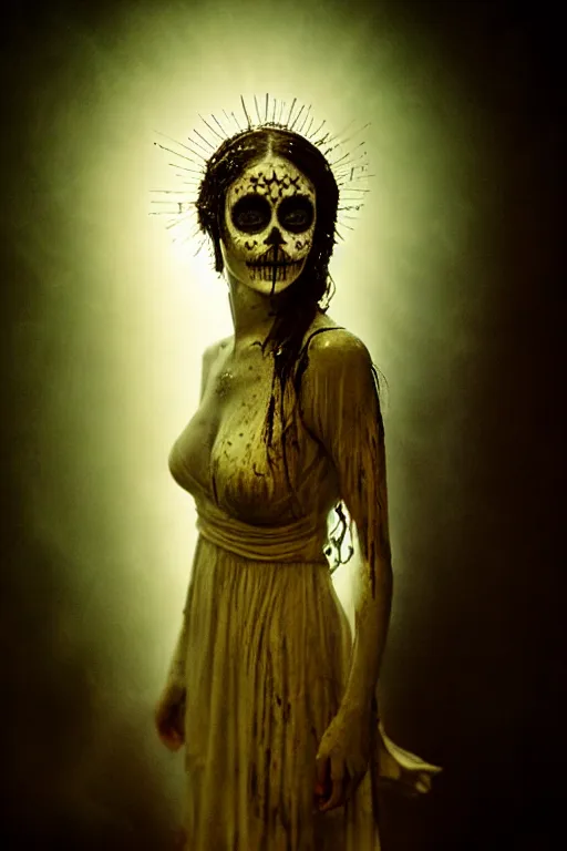 Image similar to wet collodion process, virgin mary in dia de muertos dress and make up, horrific beautiful vibe, evocative, atmospheric lighting, painted, intricate, highly detailed, leesha hannigan, wayne haag, reyna rochin, ignacio fernandez rios, mark ryden, iris van herpen, stunning, gorgeous, sharp focus, cinematic, masterpiece