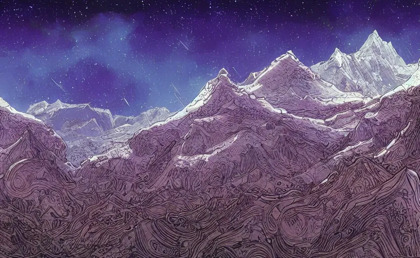 Prompt: mountains, stars and paisley filled sky, artstation, intricate, highly detailed, digital painting, concept art, sharp focus, illustration by Jean Claude Mézières and Charles Williams