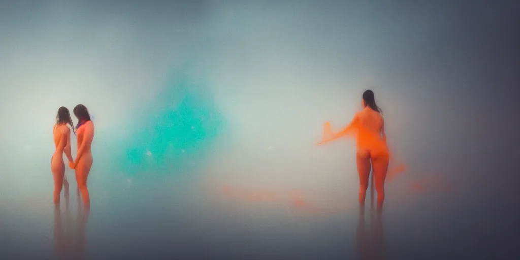 Image similar to a blurry closeup picture of gorgeous human bodies intertwined, female bodies, dripping wet, macro photography, long exposure photograph, surrealism, anamorphic bokeh, cozy, soft light, cyan and orange, caustic, atmospheric fog, octane render, cinematic