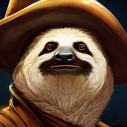 Image similar to Portrait of a Sloth dressed as a Pirate, digital painting, highly detailed, artstation, concept art, smooth, sharp focus, illustration, art by artgerm and greg rutkowski.