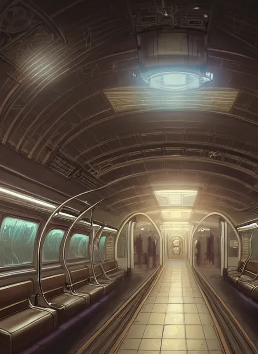 Image similar to perfectly - centered - drawing of empty subway train, intricate, highly detailed, digital painting, artstation, concept art, smooth, sharp focus, illustration, unreal engine 5, 8 k, art by artgerm and greg rutkowski and alphonse mucha