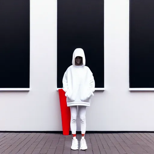 Image similar to un ultra high definition modern streetwear art photographic portrait of a female designer standing outside her red brick london home wearing all white. wide angle. three point light. golden hour, golden ratio, ray tracing, volumetric light and shadow, shallow depth of field.