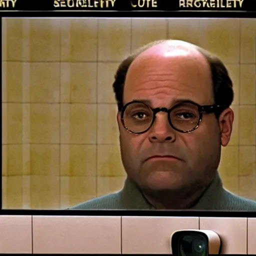 Prompt: Security camera footage of George Costanza staring at the camera unnaturally, uncanny valley, unnerving, eerie