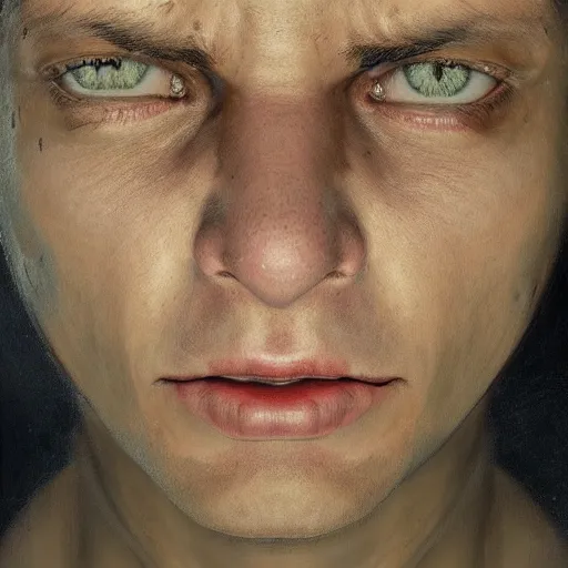 Prompt: high quality high detail painting by juan francisco casas, hd, portrait of a psychopath, intense unsettling look in the eyes, photorealistic lighting