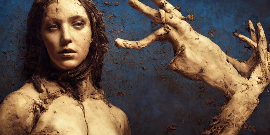 Image similar to highly detailed photography of a woman made of rust clay, raven, big rocks, hand gesture, dust particles, dirt, dramatic scene, aesthetic, dynamic lighting, masterpiece, by roberto ferri, blue background, high quality, spatula