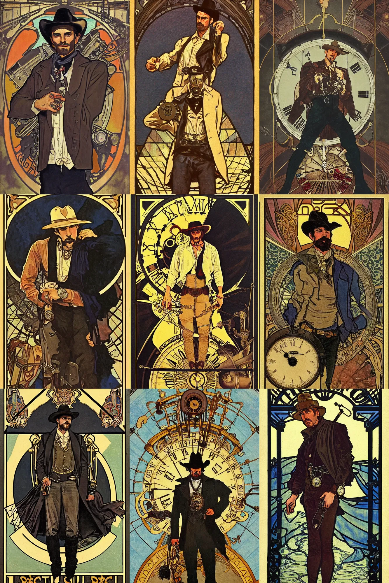 Prompt: a dramatic moody symmetrical painting of a suspicious villainous handsome cowboy holding a pocketwatch | his shirt is ripped open | background is a train locomotive | tarot card, art deco, art nouveau, steampunk | by Alphonse Mucha, by Walter Crane, by Mark Maggiori | trending on artstation