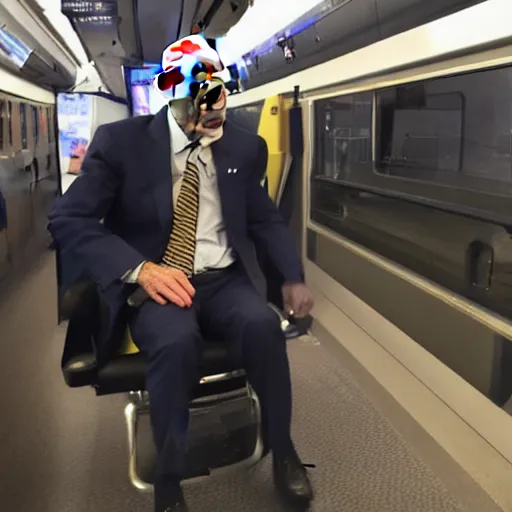 Image similar to cybernetic joe biden riding Amtrak