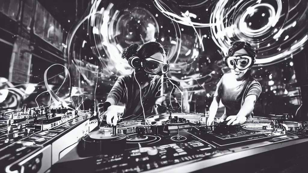 Image similar to a woman wearing goggles and visor and headphones using a record player turntable contraption, wires and tubes everywhere, turntablism dj scratching, intricate planetary gears, cinematic, imax, sharp focus, led light strips, bokeh, iridescent, black light, fog machine, hazy, computer screens, lasers, light trails, hyper color photograph