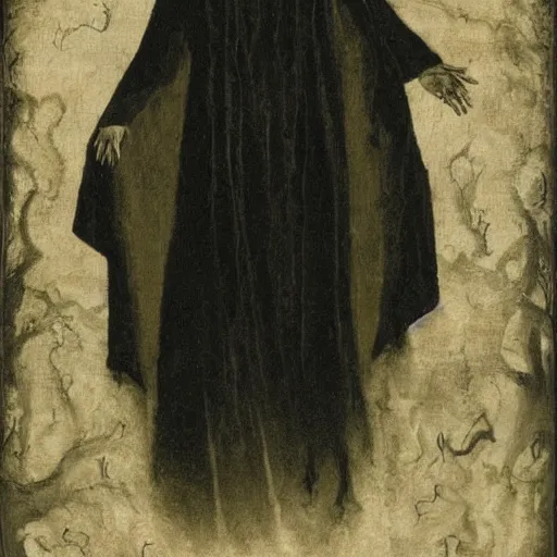 Image similar to a dark figure in a flowing robe haunts the end of time