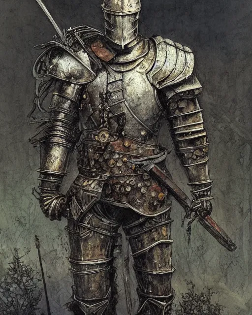 Image similar to a hyper realistic painting of a knight in armor made out of rotting metal, pale colors, fog, dark fantasy, cinematic lighting, nighttime, by rebecca guay