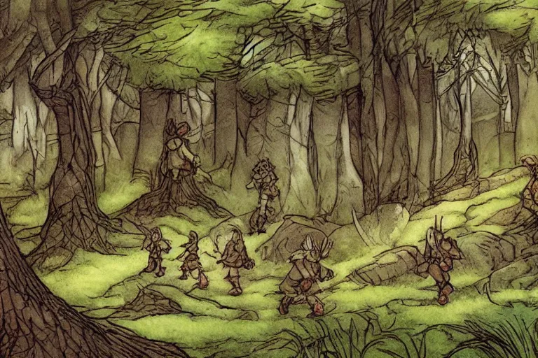 Image similar to dwarf, elf, halfling and human walking down a forest path, in the style of Greg Broadmore and Arthur Rackham,trending on artstation, light lighting side view,digital art,surrealism ,macro,blueprint ,vaporwave ,