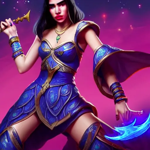 Image similar to Dua Lipa as a magic caster League of Legends playable character, realistic, 4k, highly detailed