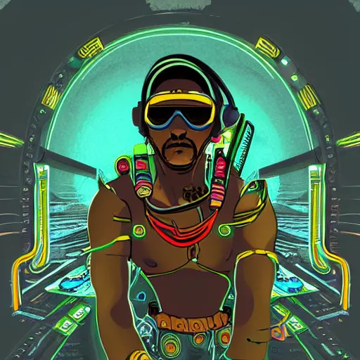 Prompt: digital illustration of a cyberpunk berber corsair at the helm of a ship