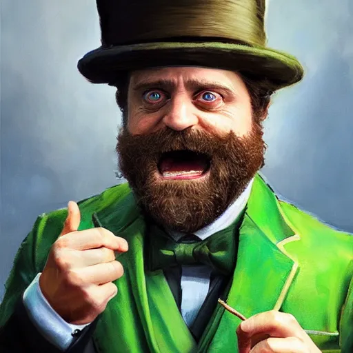 Prompt: hyper realistic portrait painting, beautifully rendered, zach galifianakis as dapper fancy luigi wearing a green top hat, green suit and bowtie, smirking deviously, painted by greg rutkowski, wlop, artgerm, dishonored 2