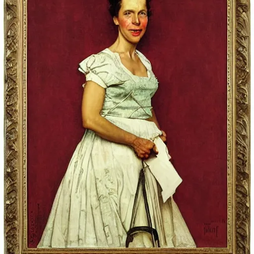 Prompt: Frontal portrait of the queen of the proletariat. A painting by Norman Rockwell.