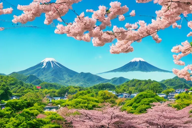 Image similar to a full body dragon flying in the sky of the japanese countryside town in a summer afternoon, quiet, leisure, cherry blossoms on the full sky