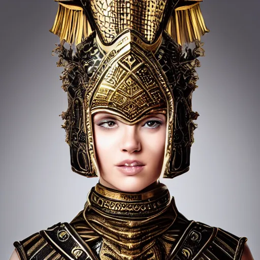 Prompt: A portrait of an attractive young female wearing an ornate metallic helmet, beautiful bone structure,symmetrical facial features,elegant,highly detailed,illustration