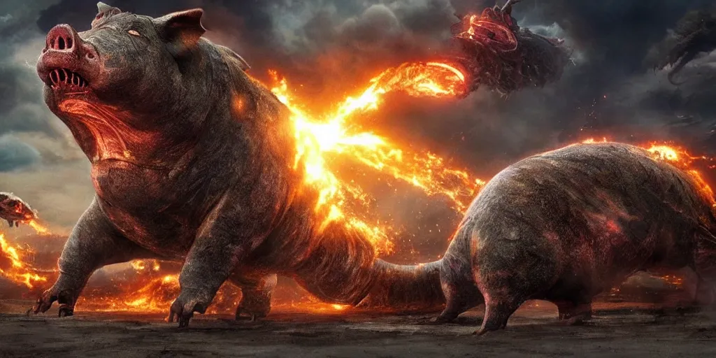Prompt: beautiful extreme wide photo of an enormous mechanized metal pig kaiju destroying a philidelphia, cinematic, in the style of a hollywood blockbuster monster movie