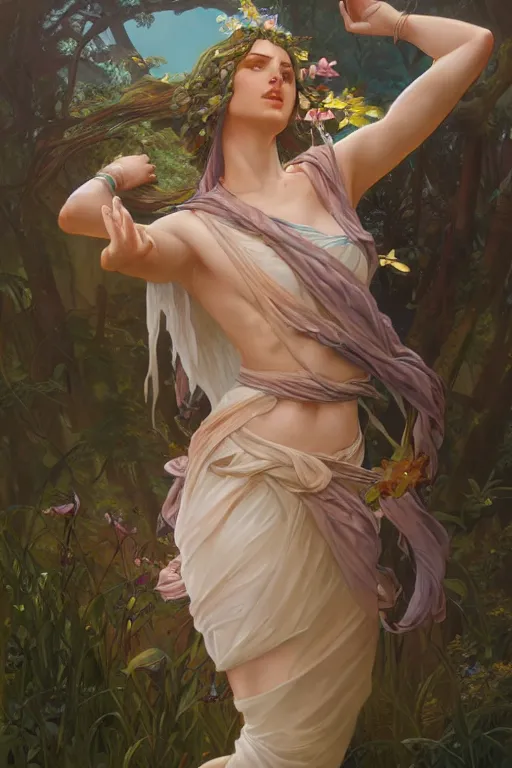 Prompt: goddess of nature, accurate anatomy, only two hands, highly detailed, digital painting, artstation, concept art, smooth, sharp focus, illustration, Unreal Engine 5, 8K, art by Ross Tran and greg rutkowski and alphonse Mucha